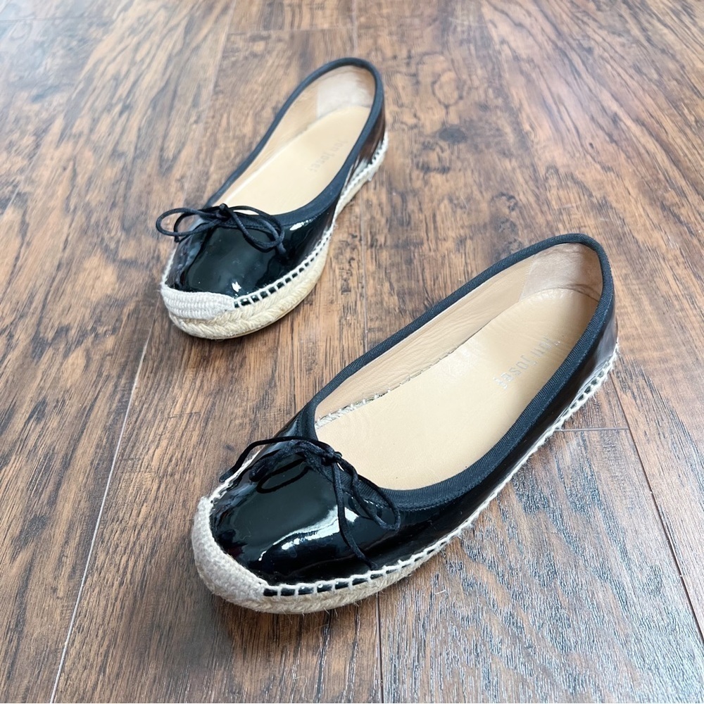 Jon Josef • Paloma espadrille flats black patent ballet slip on bow